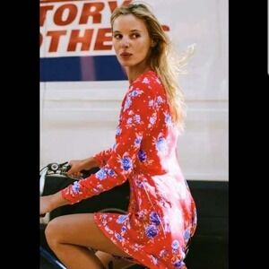 Zara Floral Mini Dress Wrap Long Sleeve Red‎ Blue Polka Dot M